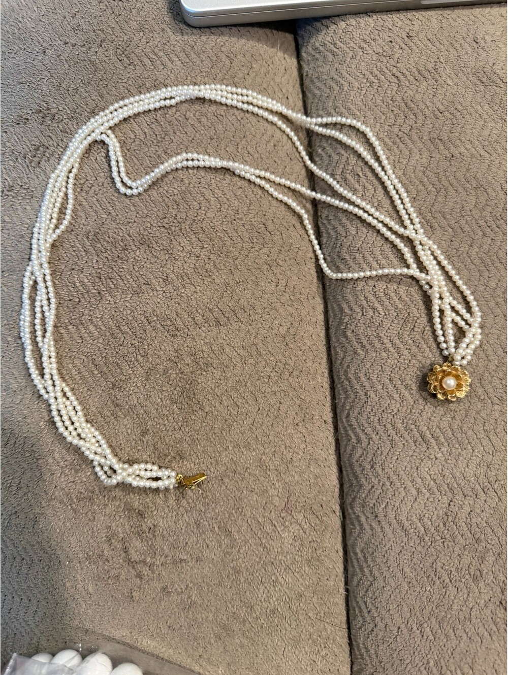 Vintage Multi Strand Pearl Necklace Gold Tone Flower Clasp 4 Strand Small Bead